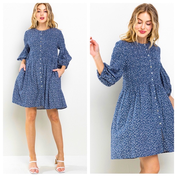 10 Boho Floral Print Smocked Balloon Sleeve Dress - Picture 1 of 6